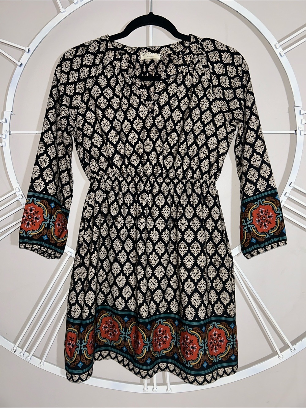 Soprano Junior Black & Cream Casual Dress w/ Teal & Rust Bohemian Accents